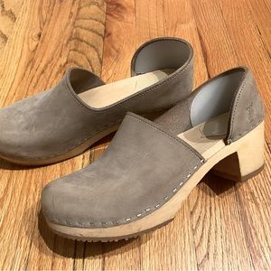 Light gray wood clogs; 2 inch heel height.